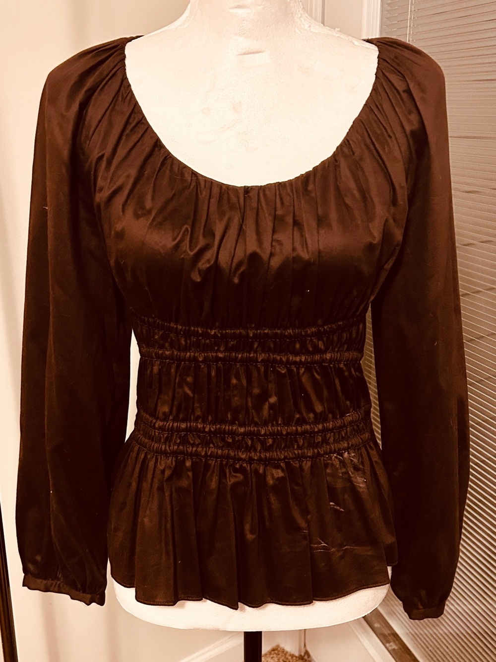 Rebecca Taylor NWT Brown Long-Sleeve Smocked Waist Peasant Top size Small